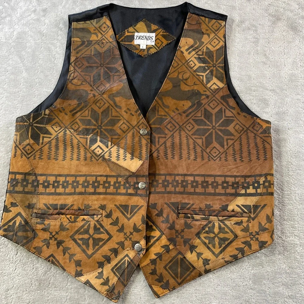 Vintage Trends Vest Large Brown Leather Holiday Patchwork Southwestern Western